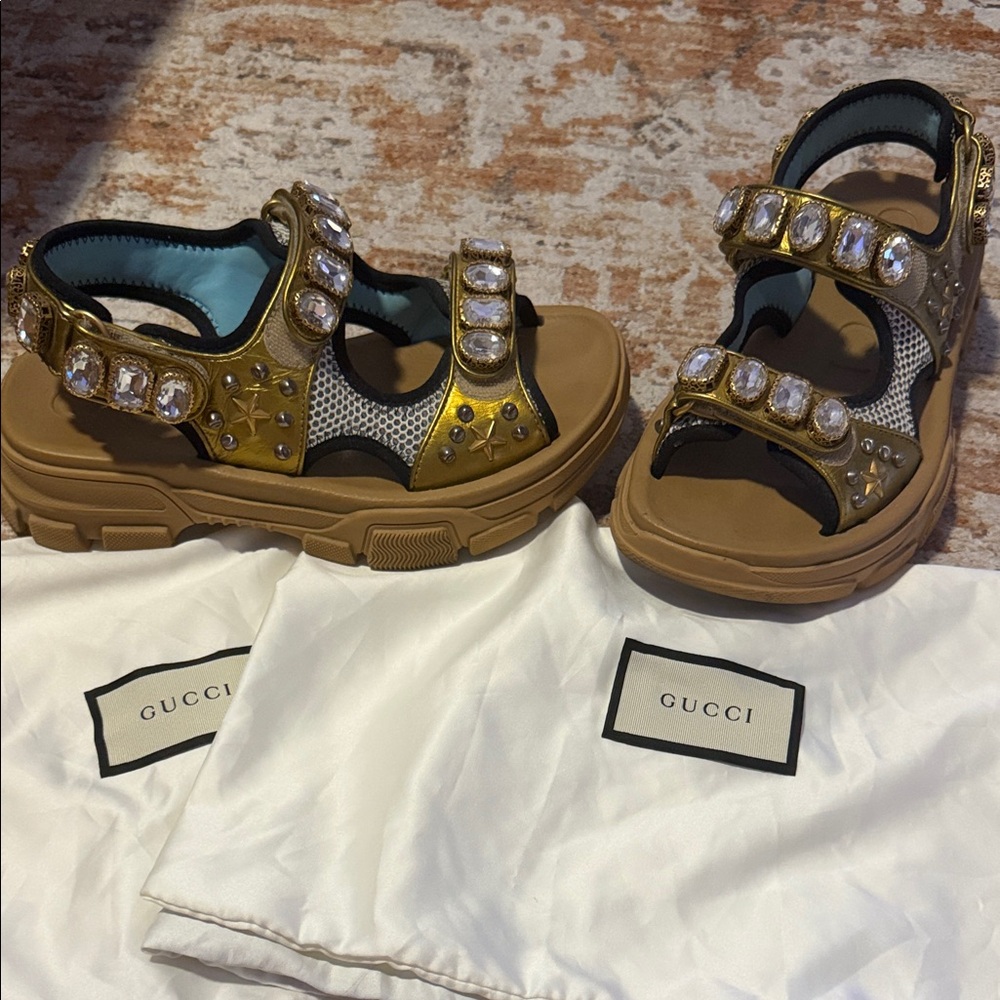Gucci Gold Crystal Sandals - Picture 2 of 16
